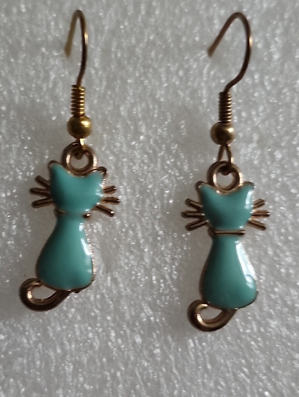 Hand Crafted Teal Cat Dangle Earrings with Gold Accents